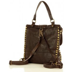 K41 Sac à dos  2 en 1 noir brun cuir vintage pour femme. Sac à dos urbain avec rivets